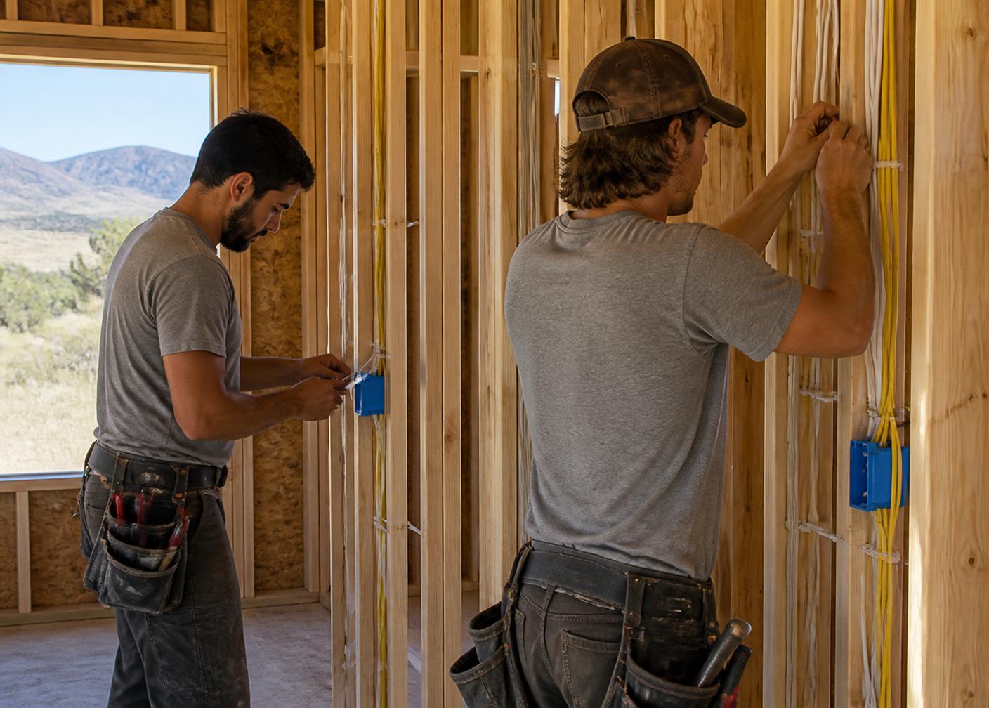 Summit Power Electric crew running rough-in wiring in a framed Idaho custom home