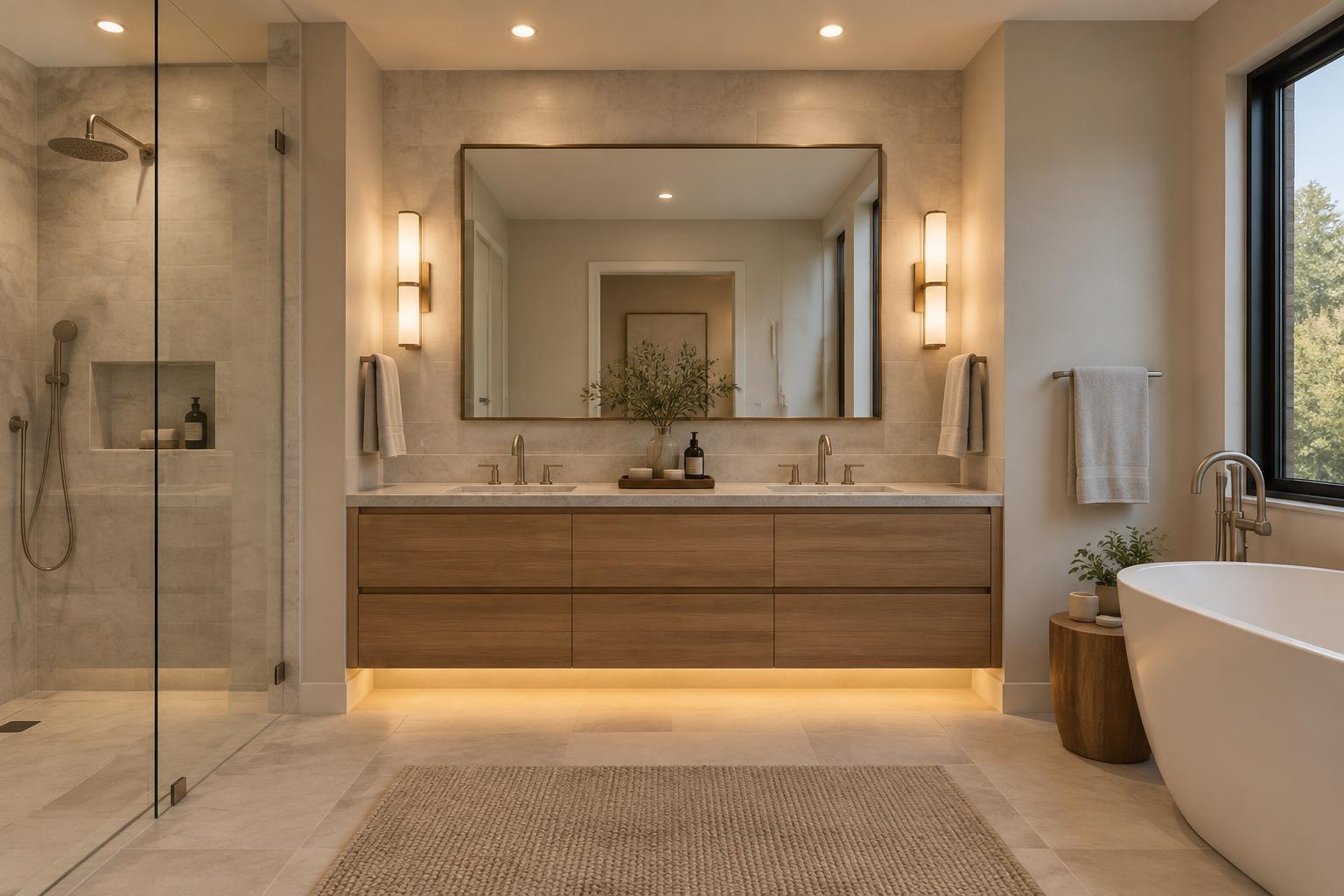 Finished marble bathroom with a freestanding tub and sculptural pendant light