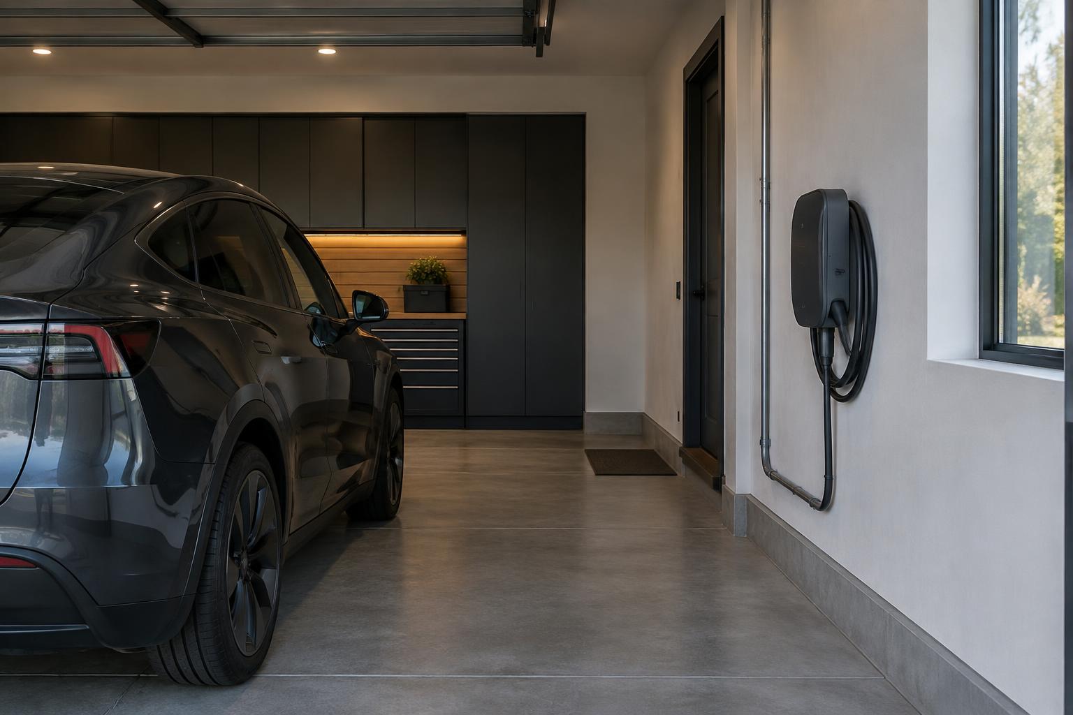 Level 2 EV charger installed on a garage wall with clean conduit routing