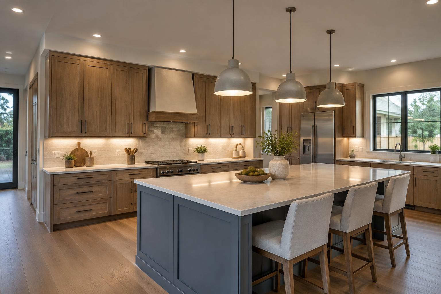 Illustrative kitchen with recessed, pendant, and under-cabinet lighting