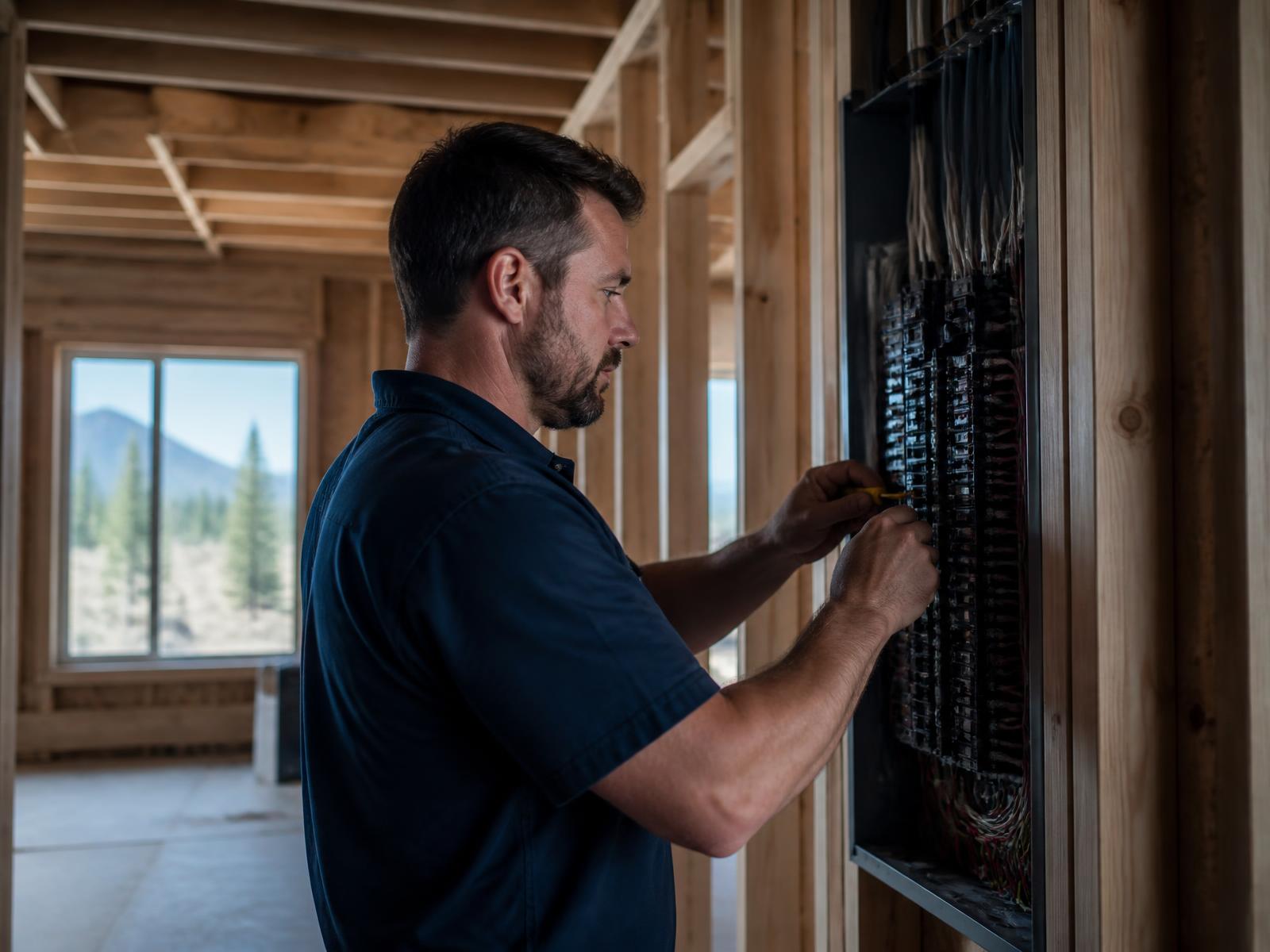 Summit Power Electric technician terminating circuits in a new residential service panel