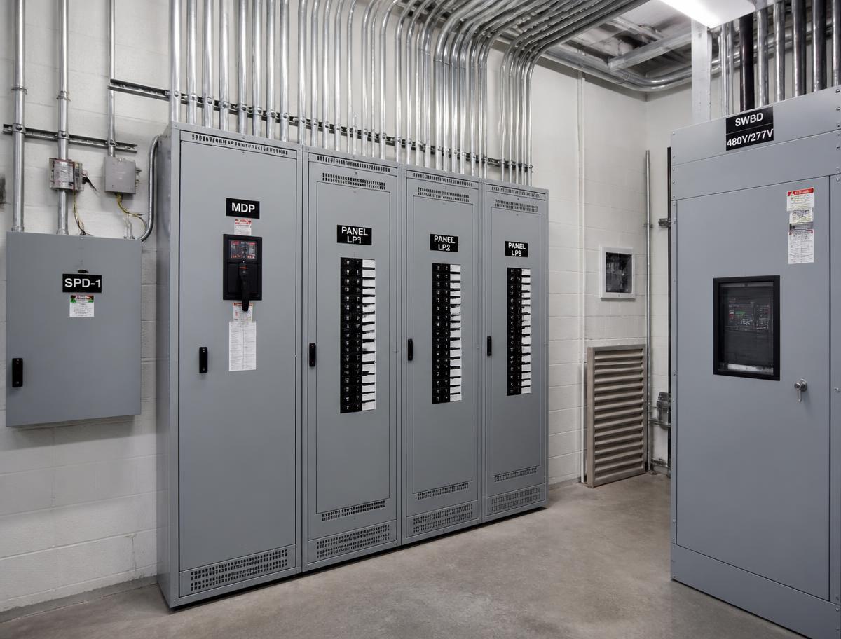 Commercial electrical distribution room with labeled panels and neatly supported conduit runs