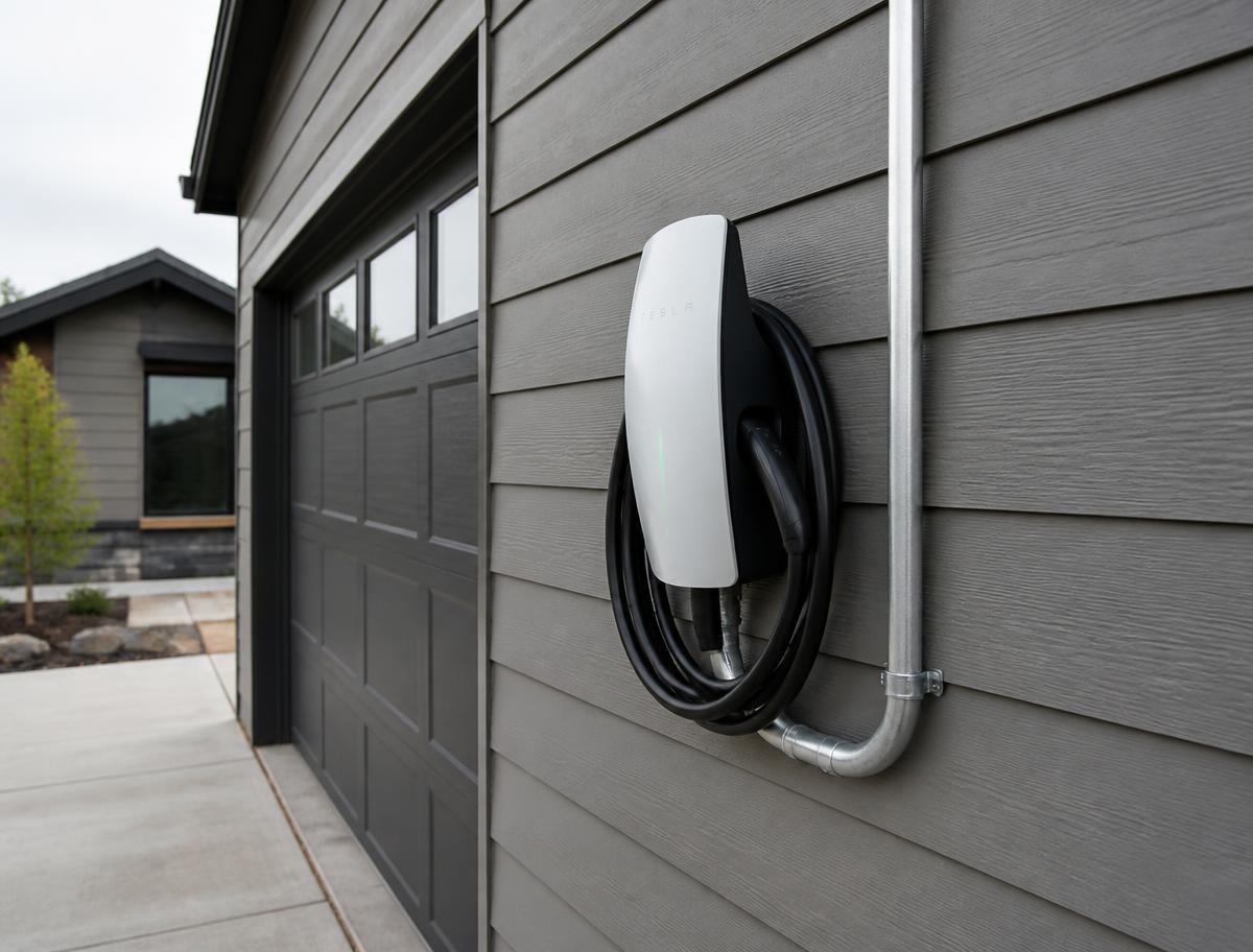 Level 2 electric vehicle charger hardwired beside a residential garage door with rigid conduit