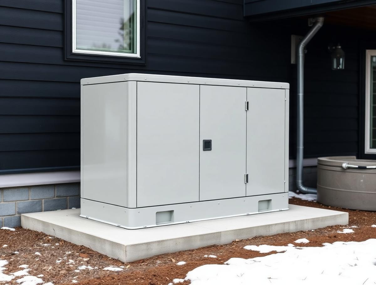 Standby generator on a concrete pad with an automatic transfer switch mounted on the exterior wall