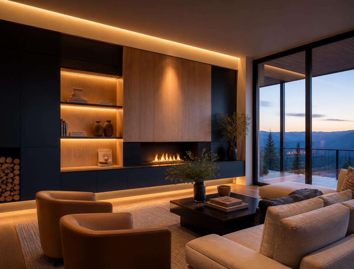 Warm cove lighting in a stepped ceiling detail of a modern Idaho living room at dusk