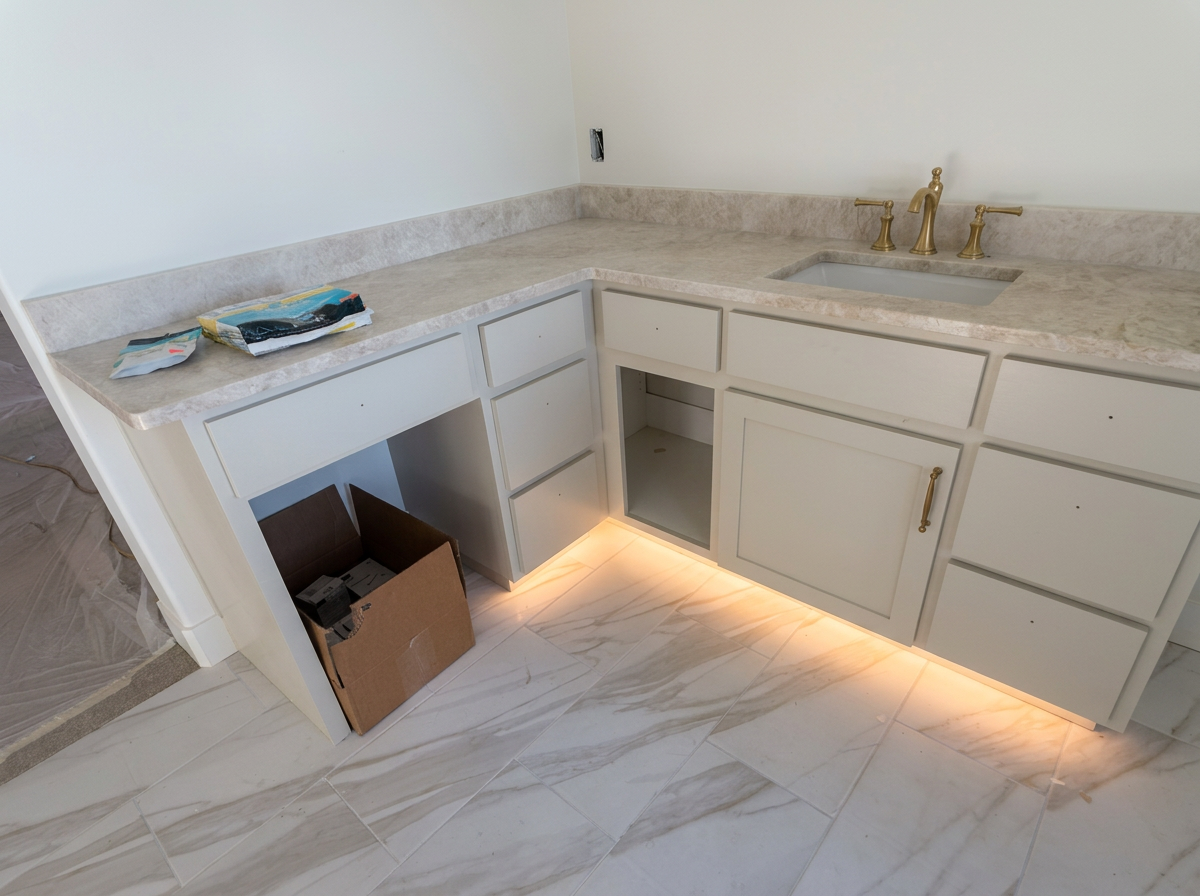 Custom bathroom vanity with marble top and warm toe-kick LED lighting
