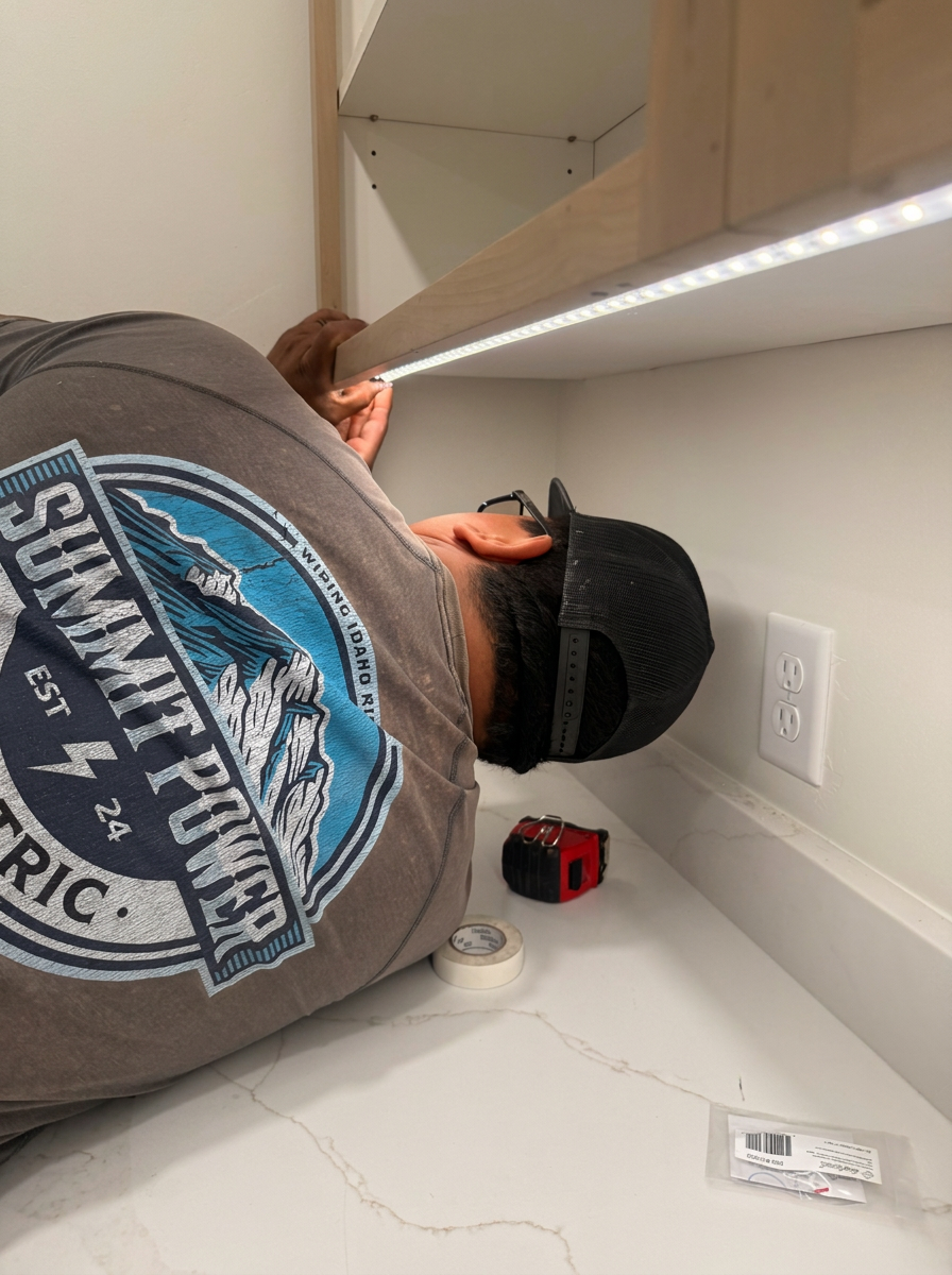 Summit Power Electric electrician installing a continuous LED strip beneath cabinetry