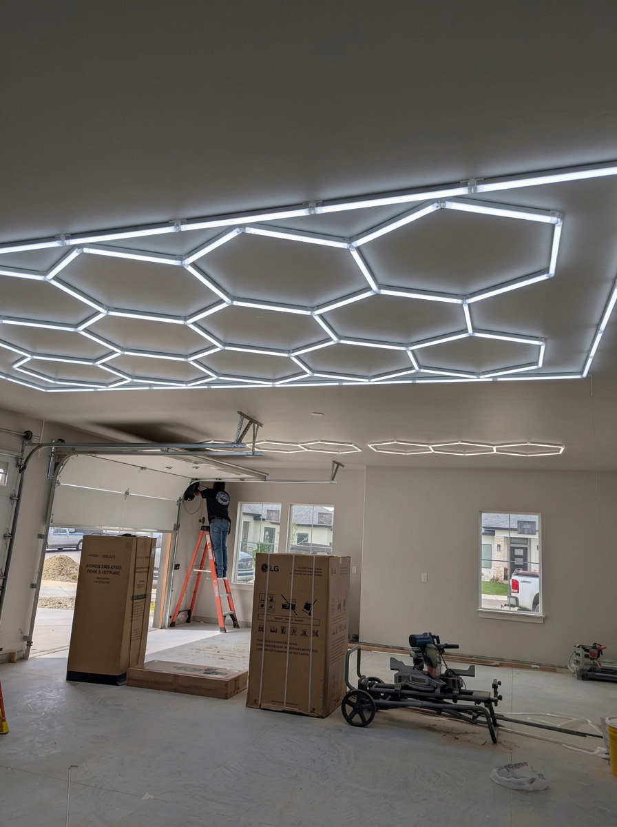 Garage ceiling with a large geometric hexagon LED lighting installation in progress