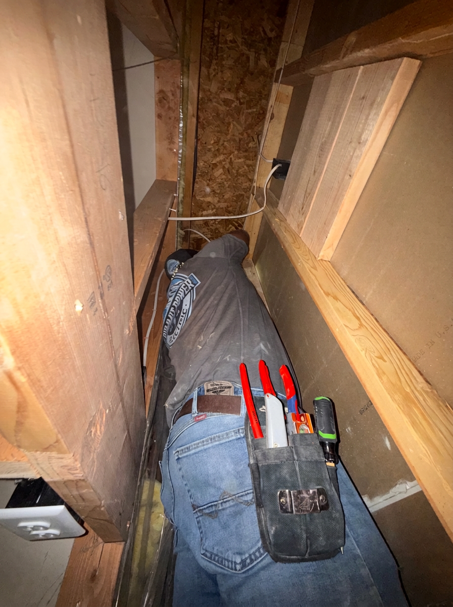 Summit Power Electric electrician routing new cable through an existing framed wall cavity