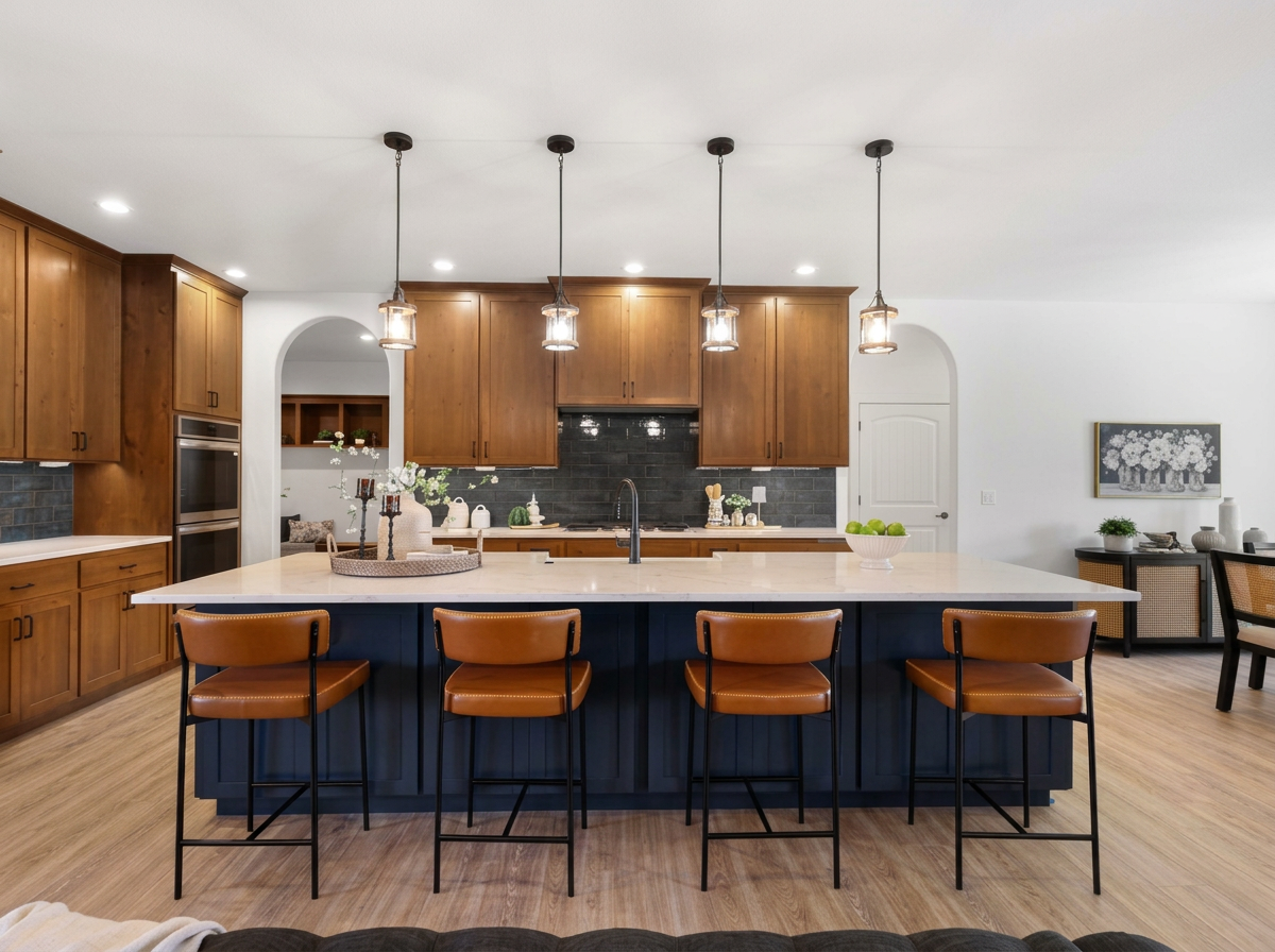 Finished wood kitchen with blue island, four pendant lights, and recessed ceiling lighting