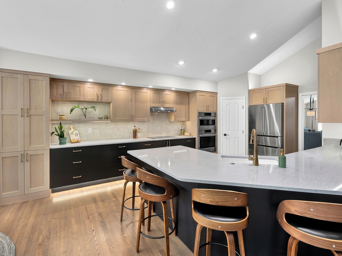 Finished modern kitchen with recessed, task, and warm toe-kick LED lighting