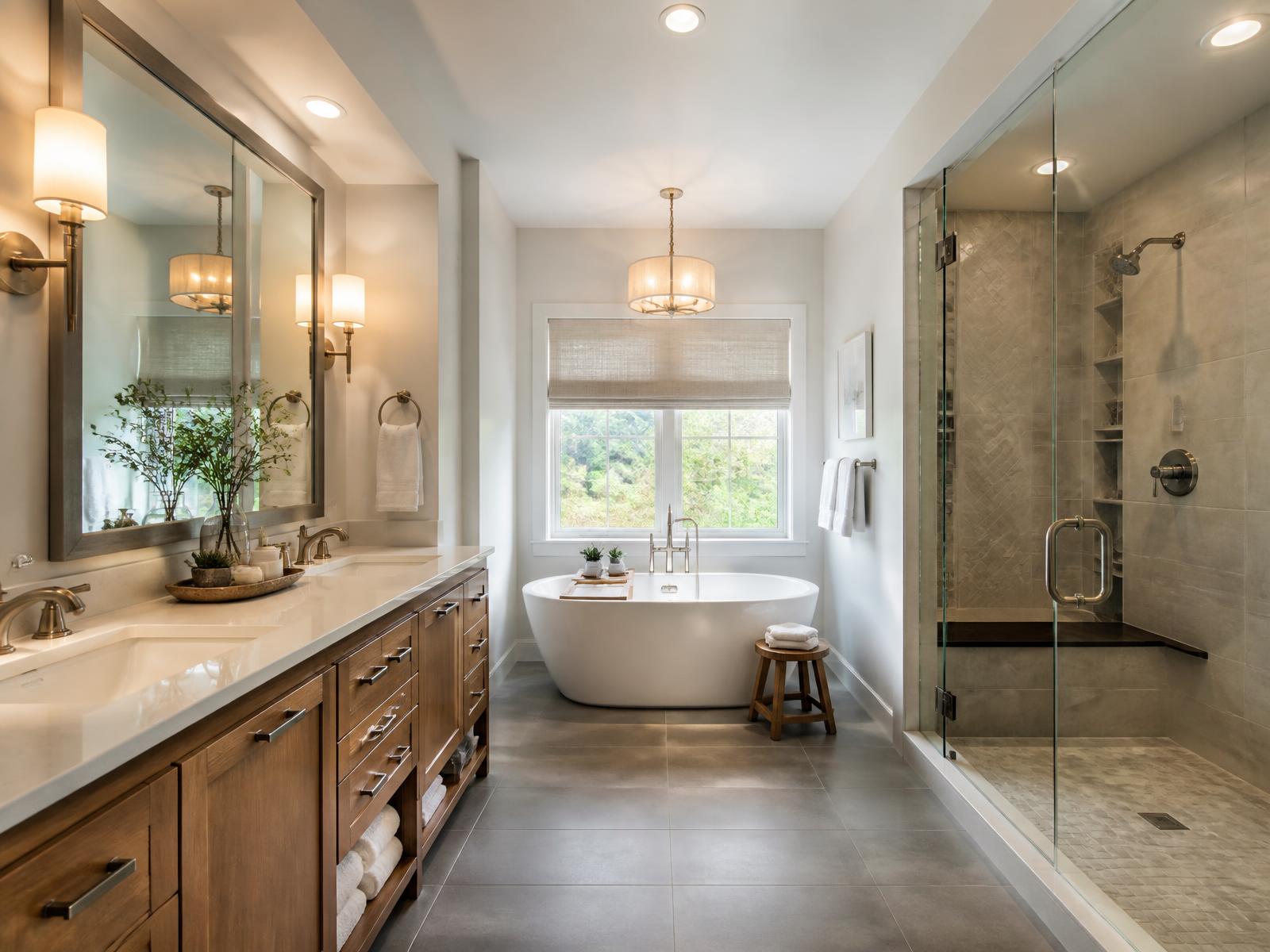 Primary bathroom with sconce vanity lighting and recessed shower lighting