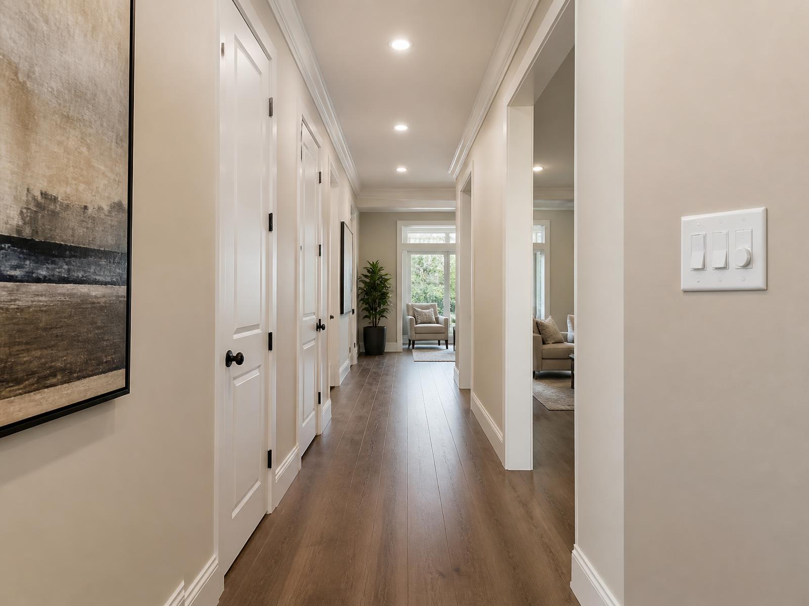 Residential hallway with recessed downlights and a dimmer switch panel