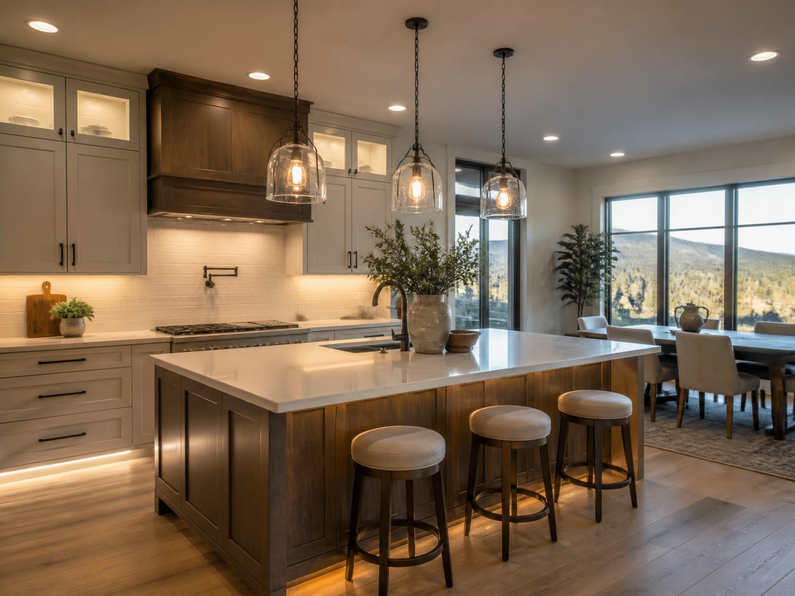 Custom kitchen island with three pendant lights and recessed LED ceiling lighting