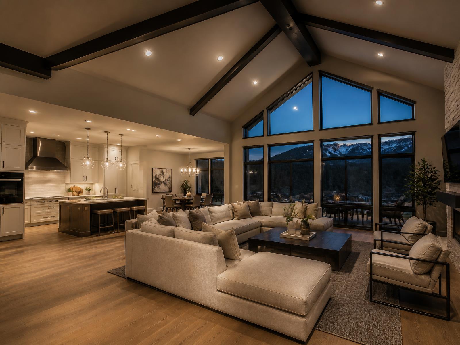 Open-concept living room at dusk with recessed LED lighting and mountain views